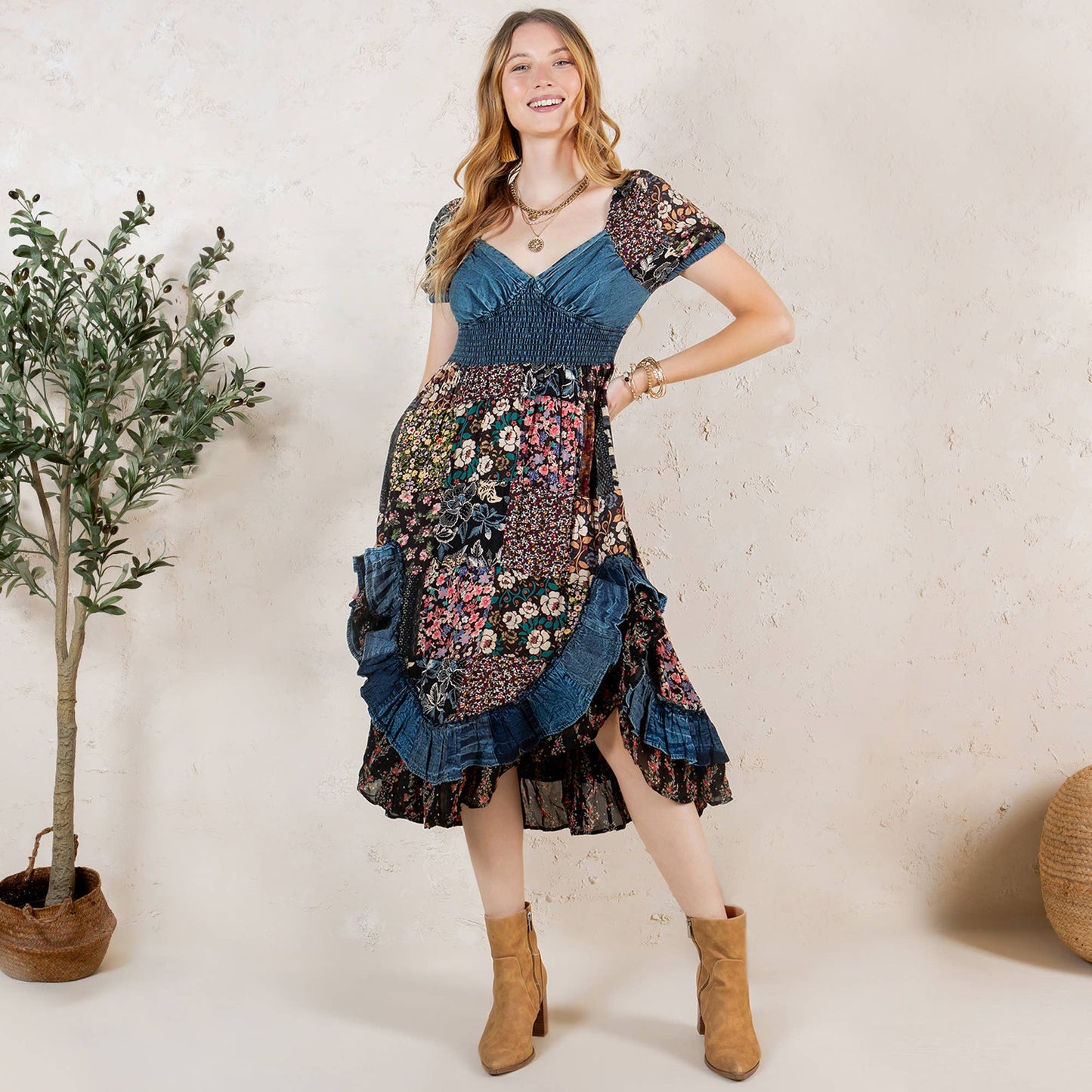 Ruffled Asym Hem Midi Dress with Denim Inserts