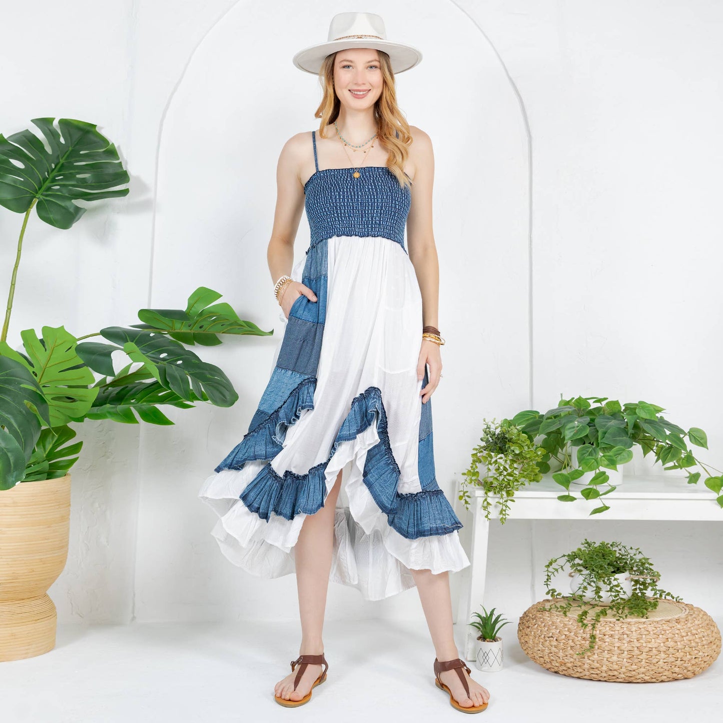 Ruffled Midi Dress with Denim Inserts