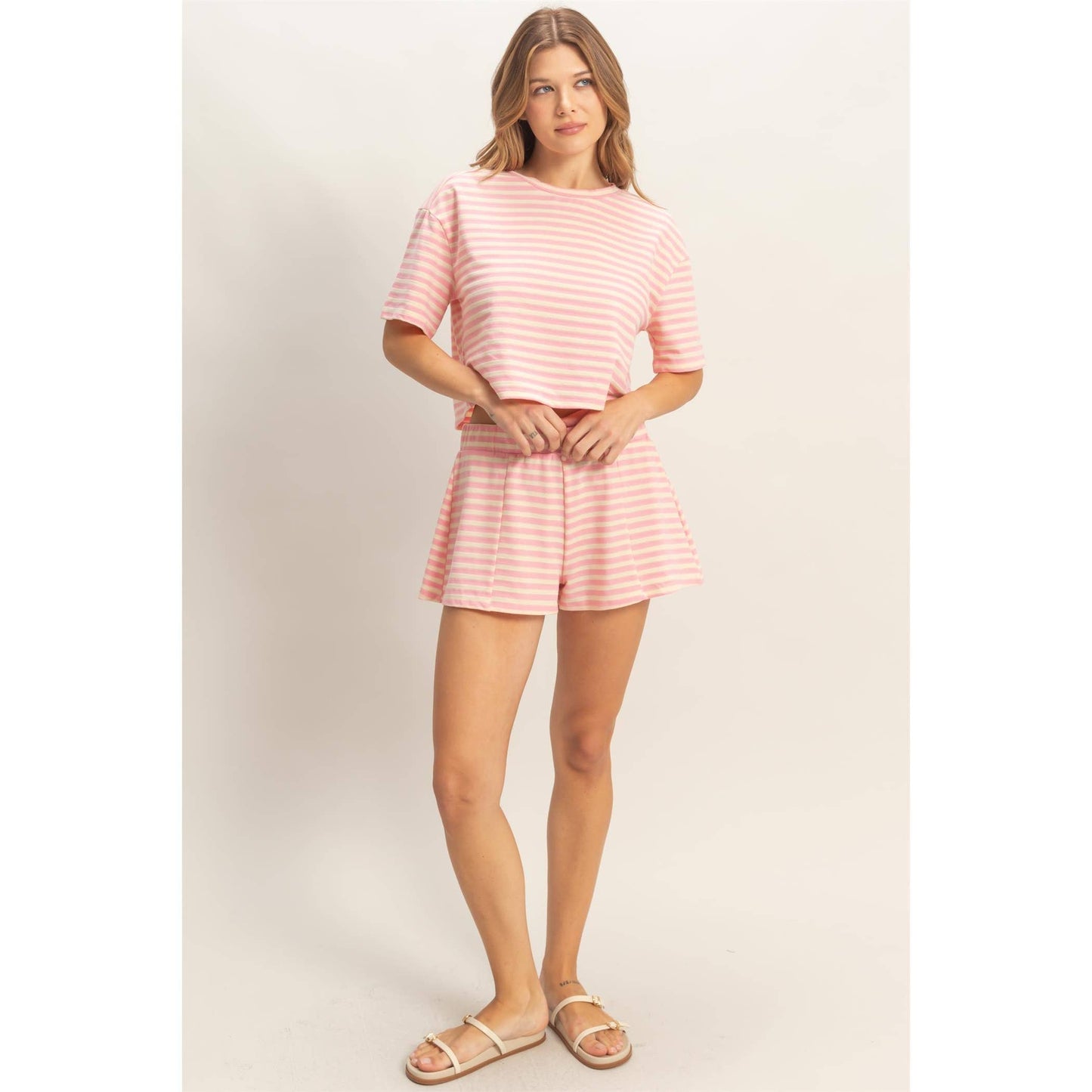 Pink Striped Crew Neck Short Set