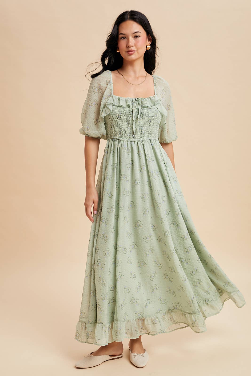 Green Tea Ruffle Floral Maxi