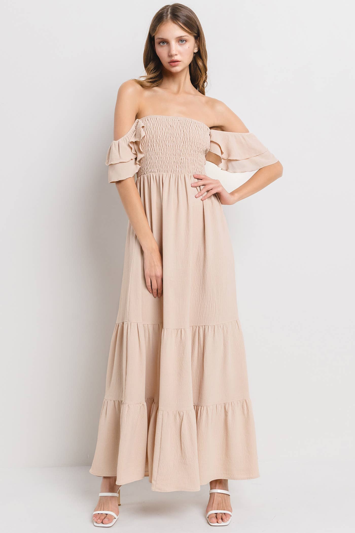 Solid Flared Sleeve Long Tiered Dress