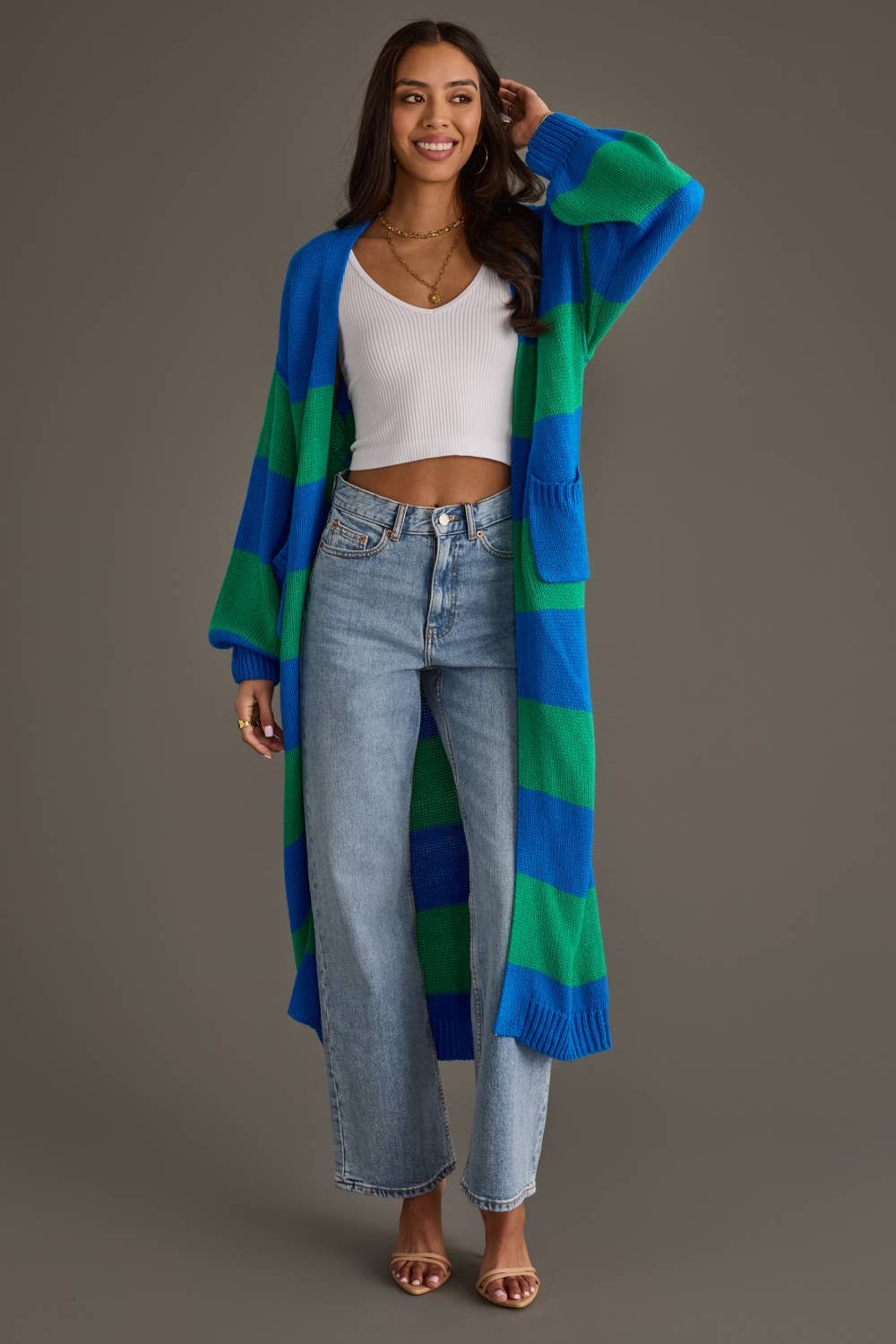 Royal Blue & Green Striped Duster Cardigan