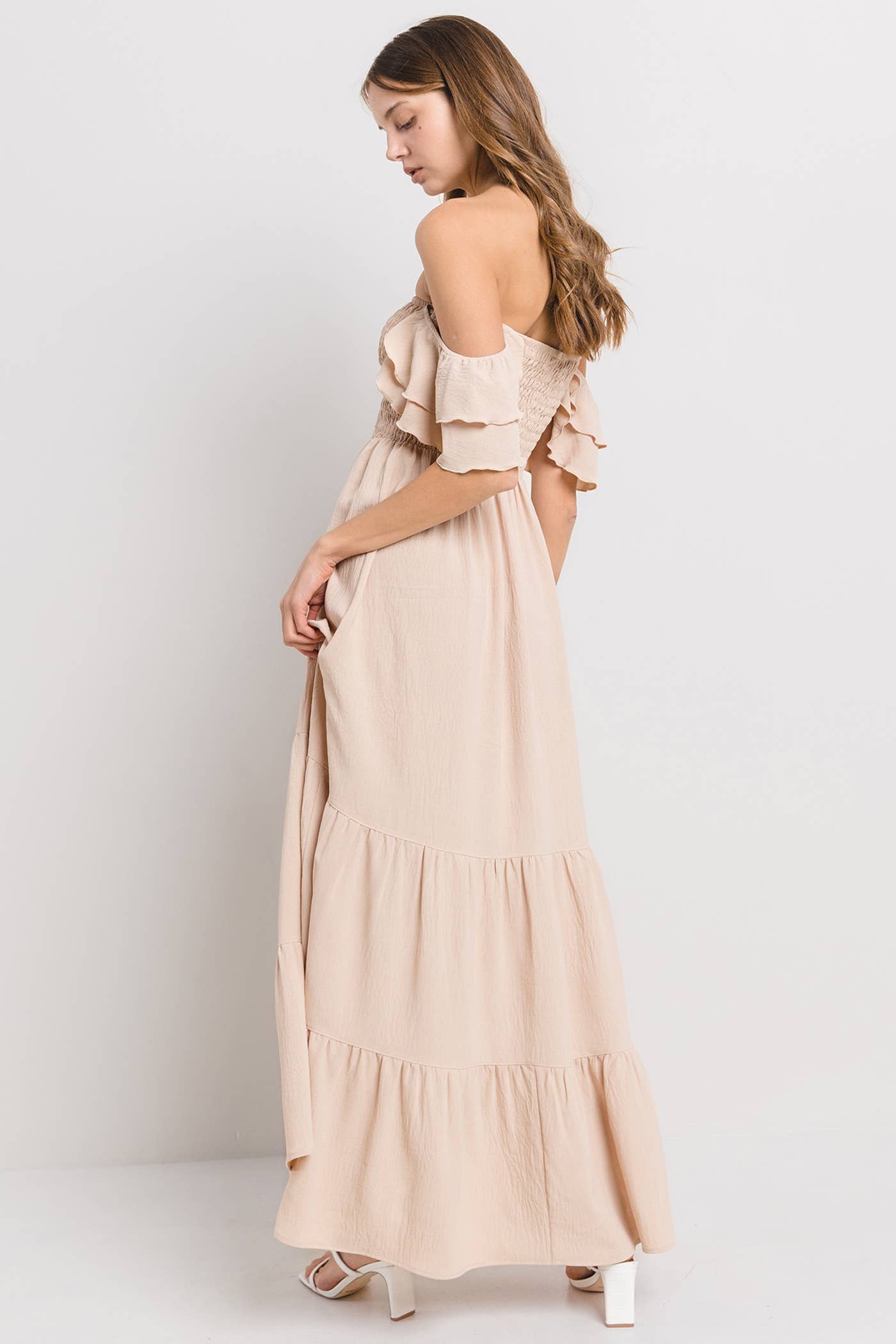 Solid Flared Sleeve Long Tiered Dress