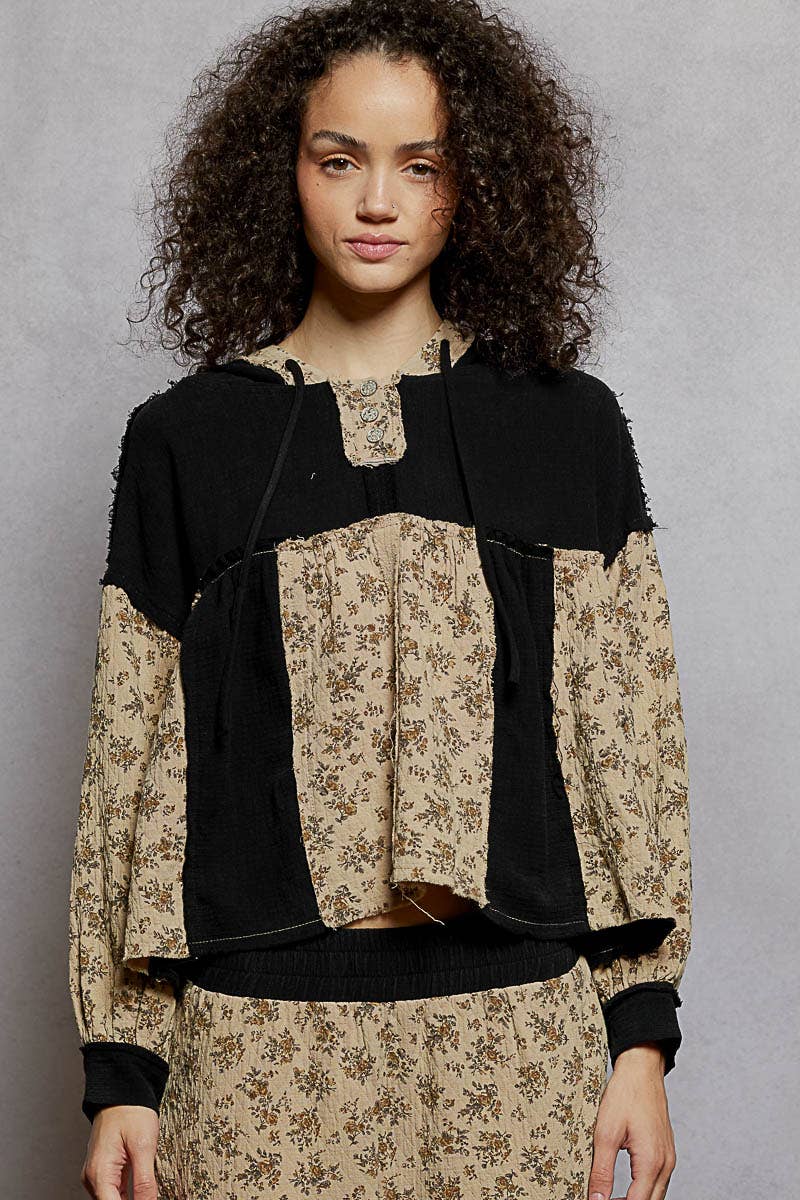 Vintage Washing Double Gauze Floral Printed Hoodie Top