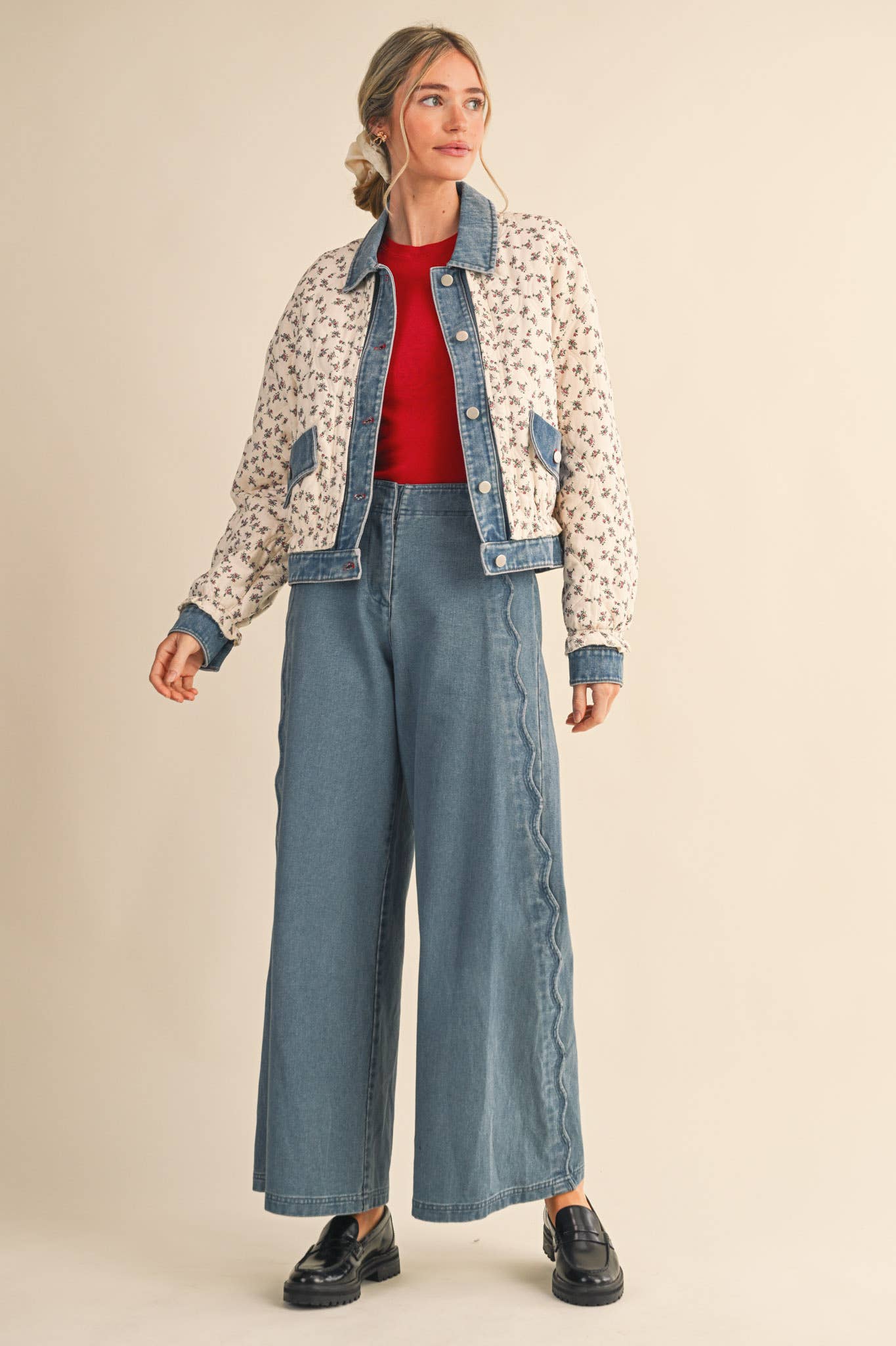 Floral Quilted Jacket With Denim Contrast