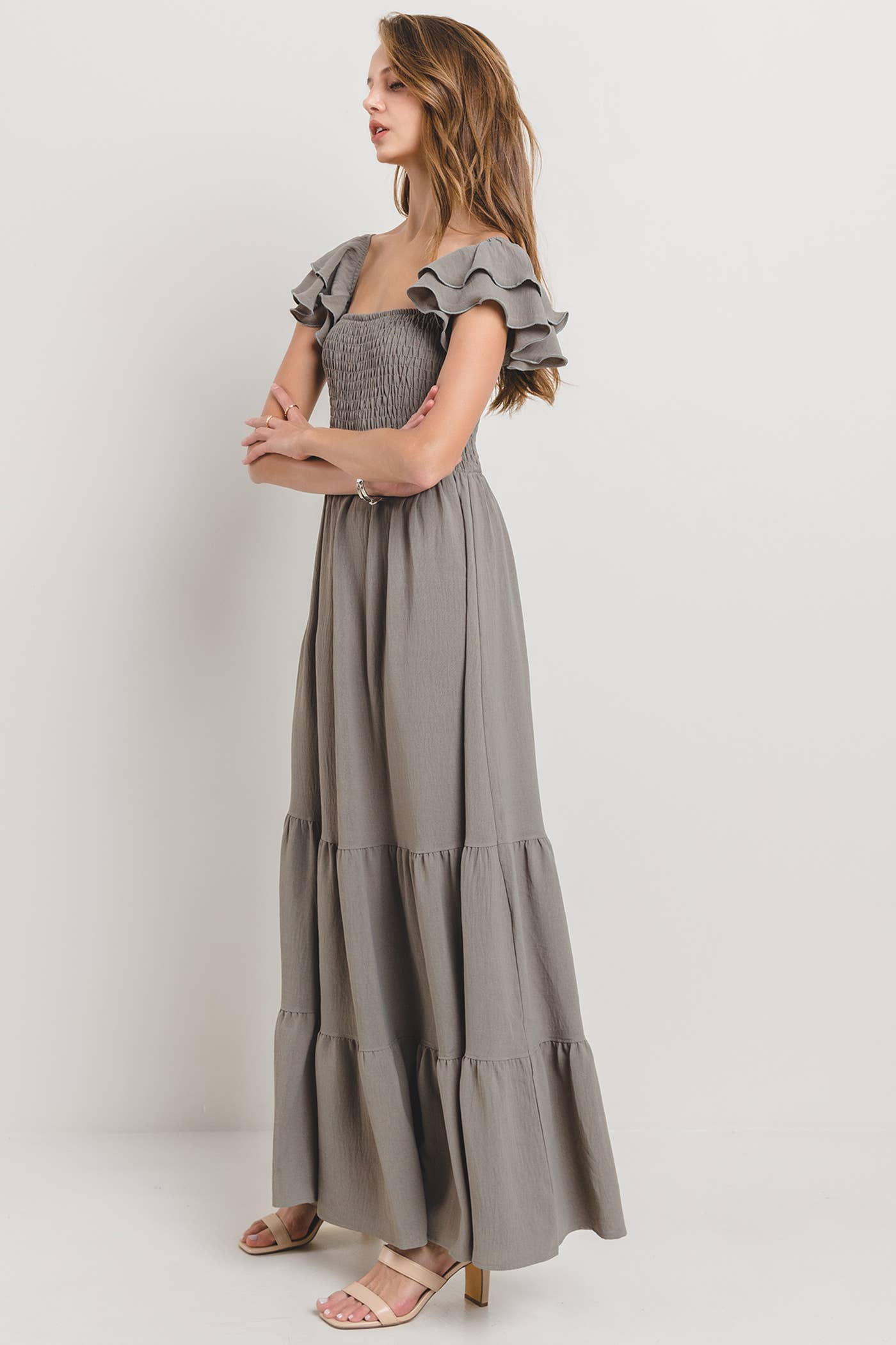 Plus Solid Flared Sleeve Long Tiered Dress