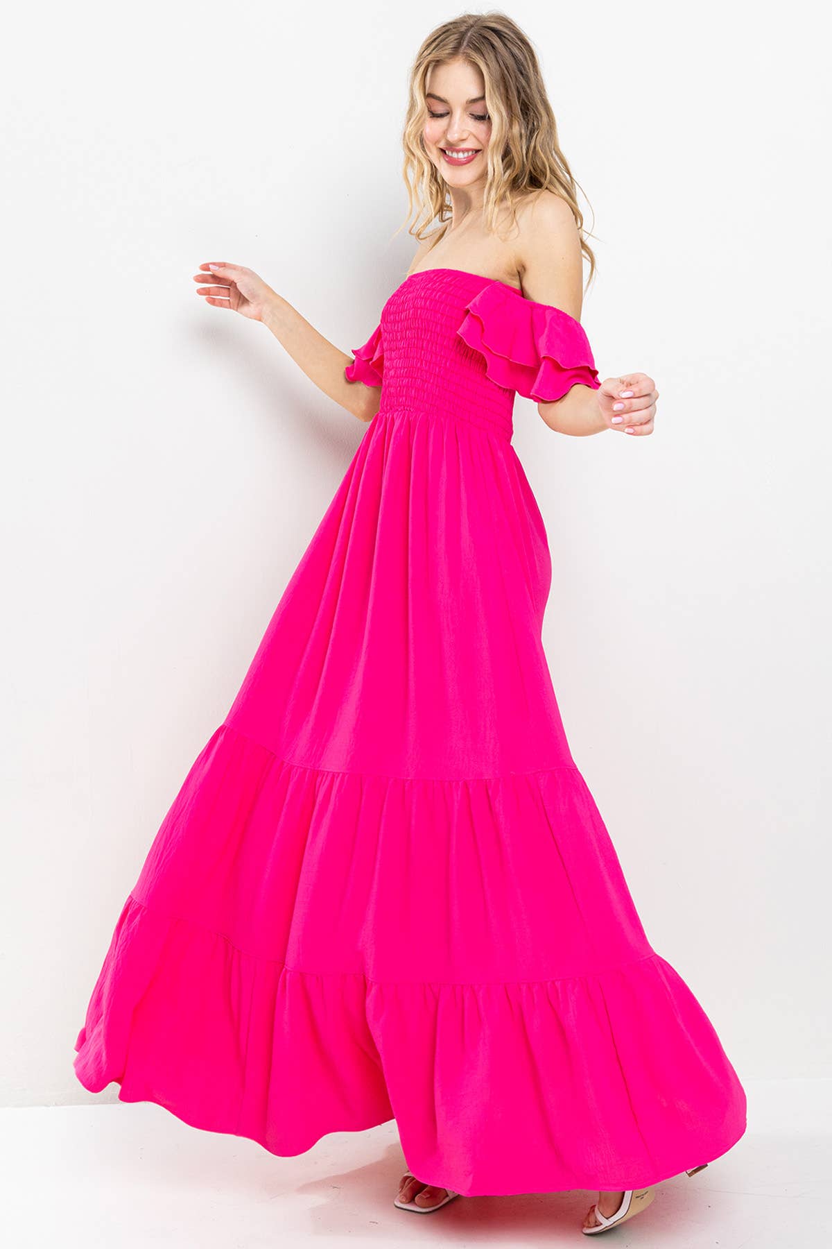 Pink Flared Sleeve Long Tiered Dress