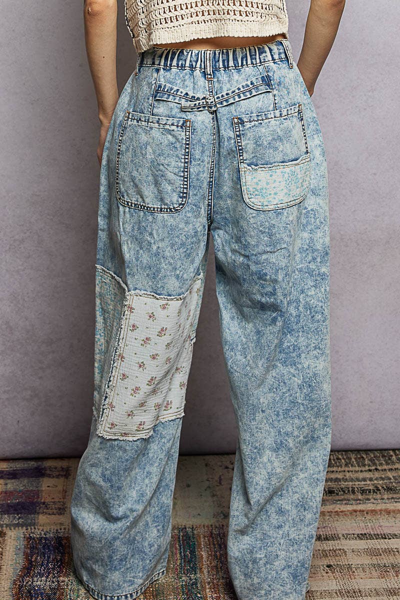 Patchwork Detail Denim Straight Fit Pants