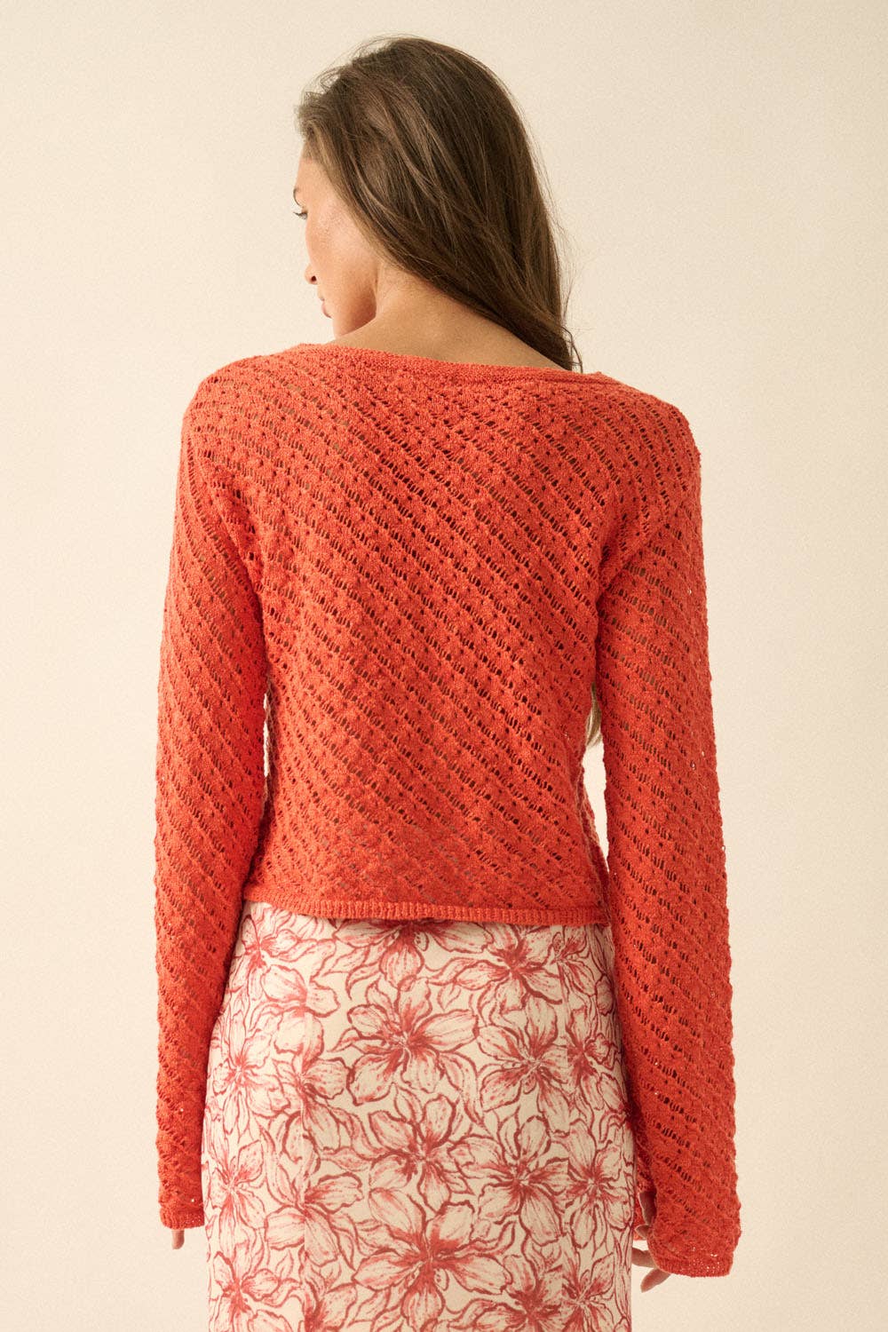 Crochet-Knit Bell-Sleeve Cropped Sweater