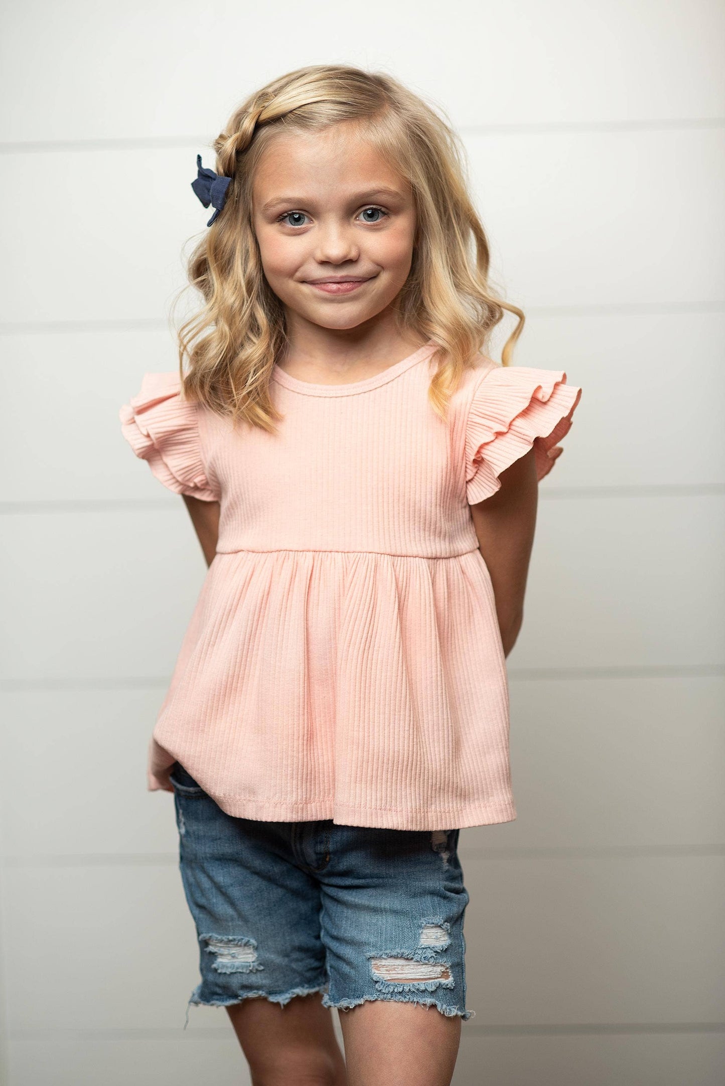 Kids Light Pink Double Ruffle Flutter Sleeve Spring Shirt