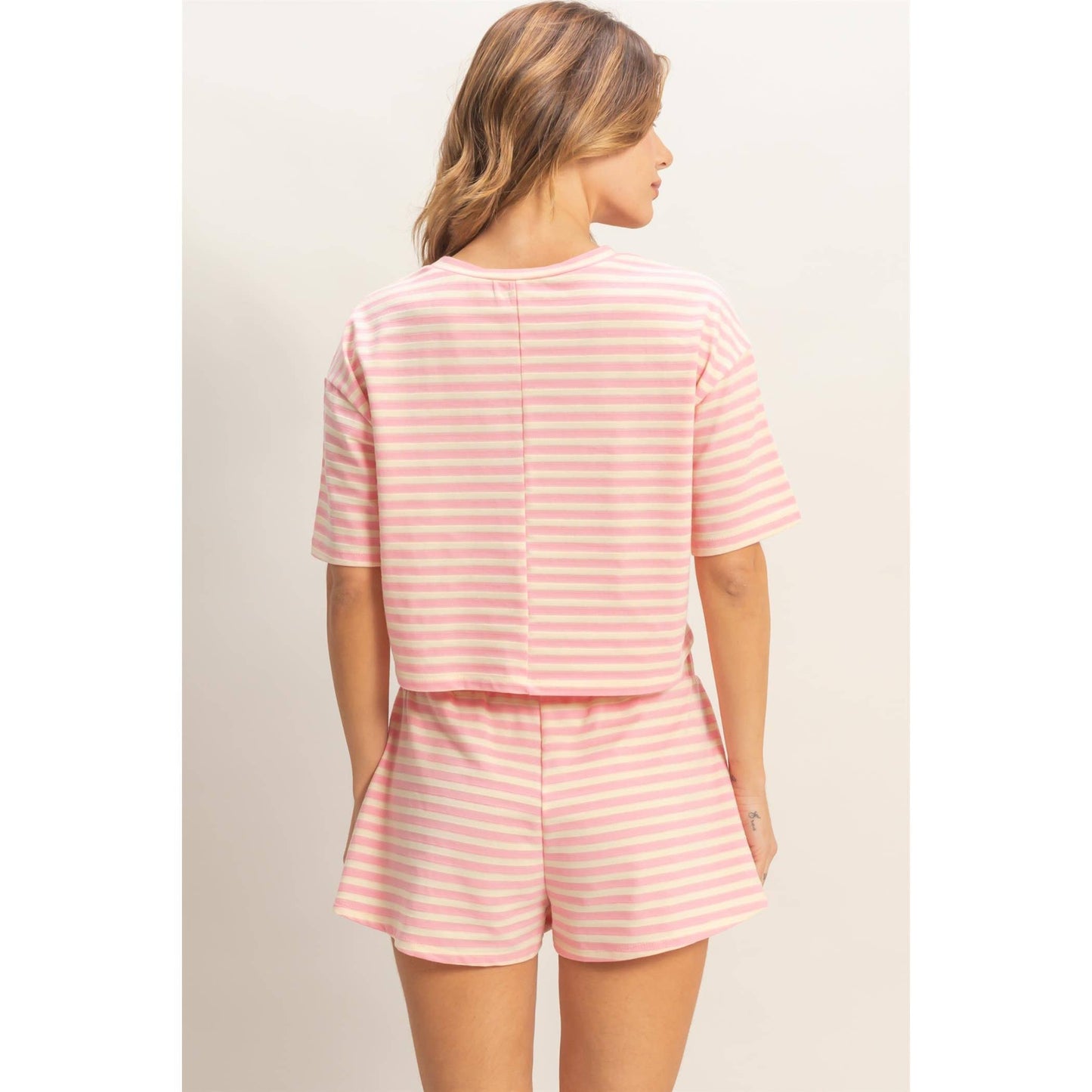 Pink Striped Crew Neck Short Set