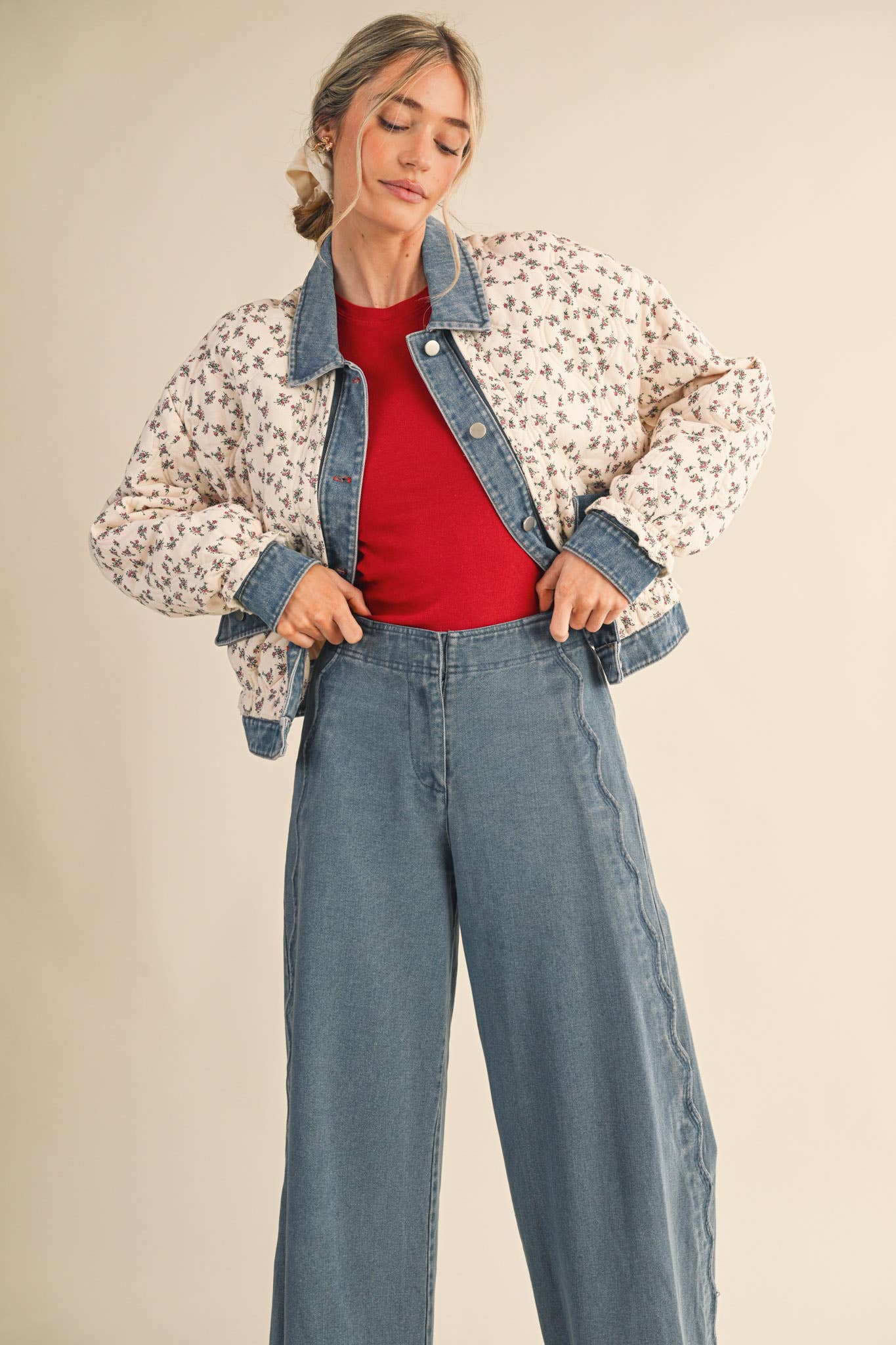 Floral Quilted Jacket With Denim Contrast