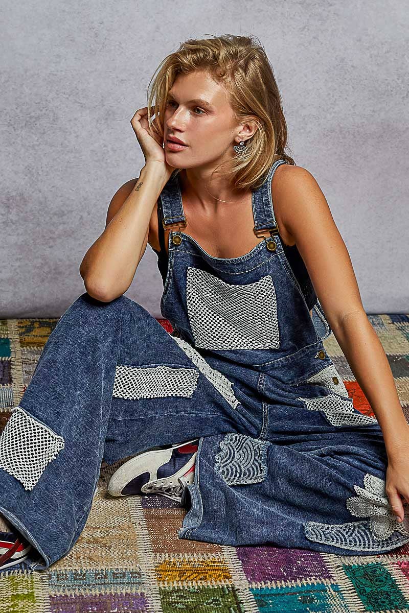 Indigo Denim Crochet Patch Overalls