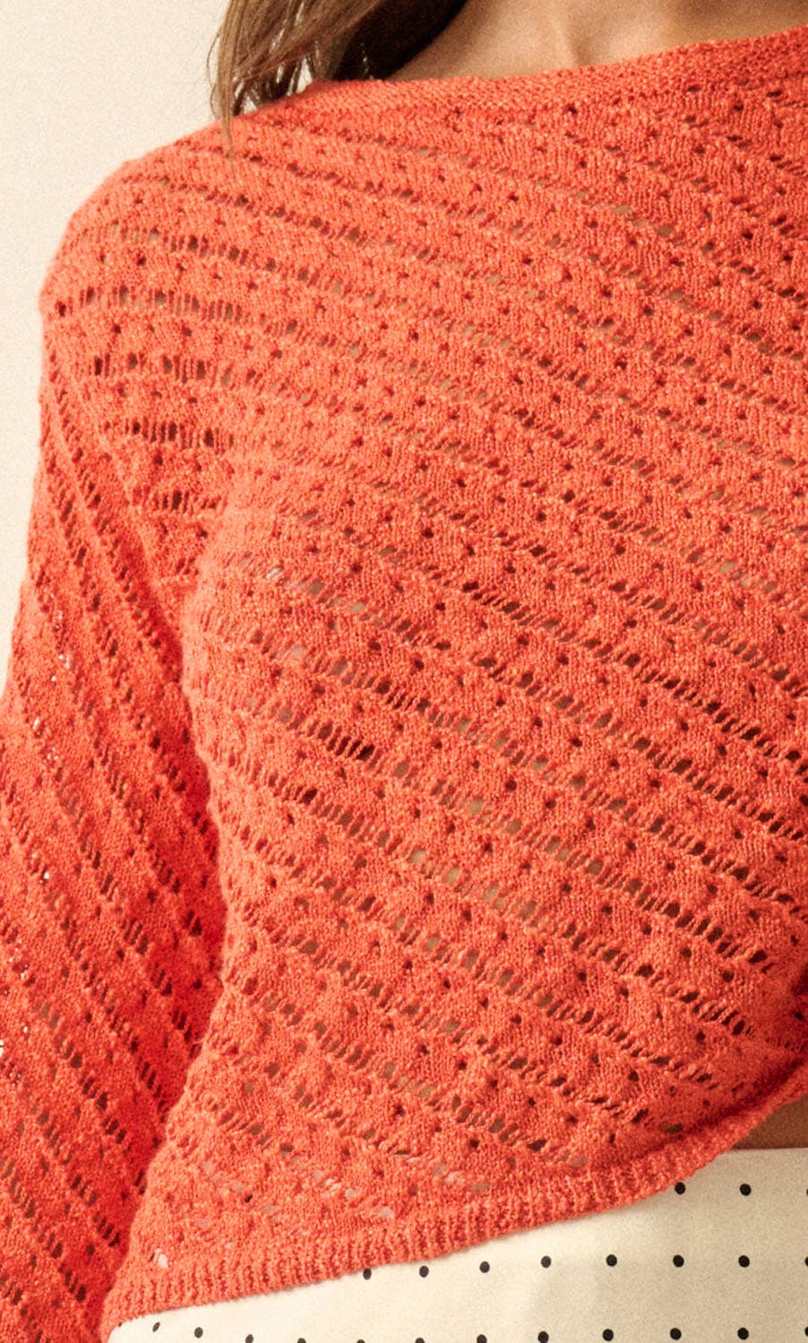 Crochet-Knit Bell-Sleeve Cropped Sweater