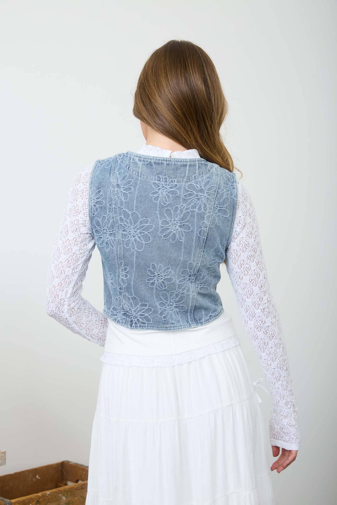 Floral Washed Denim Vest