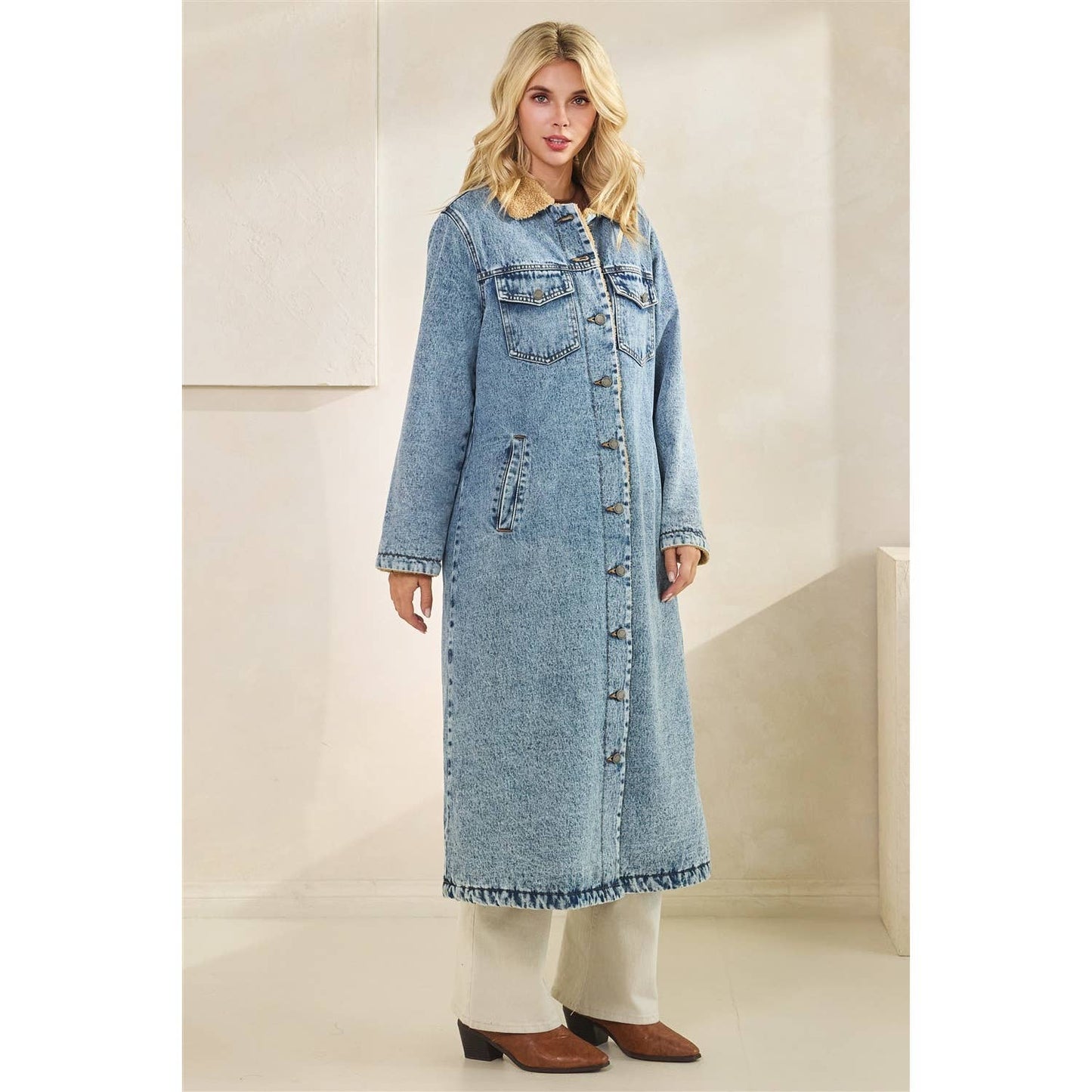 Teddy Lined Long Denim Jacket