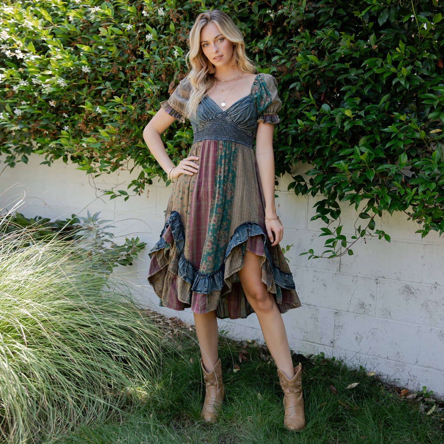 Ruffled Asym Hem Midi Dress with Denim Inserts