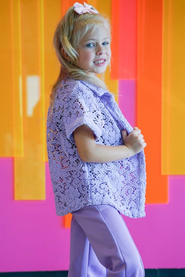 Girls Lavender Button Down Crochet Top