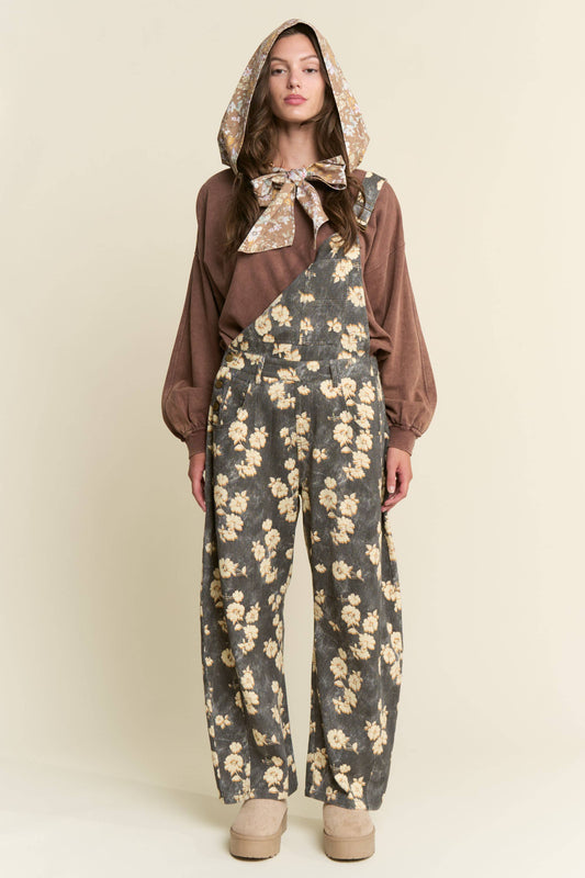 Ash Black Floral Barrel Overalls