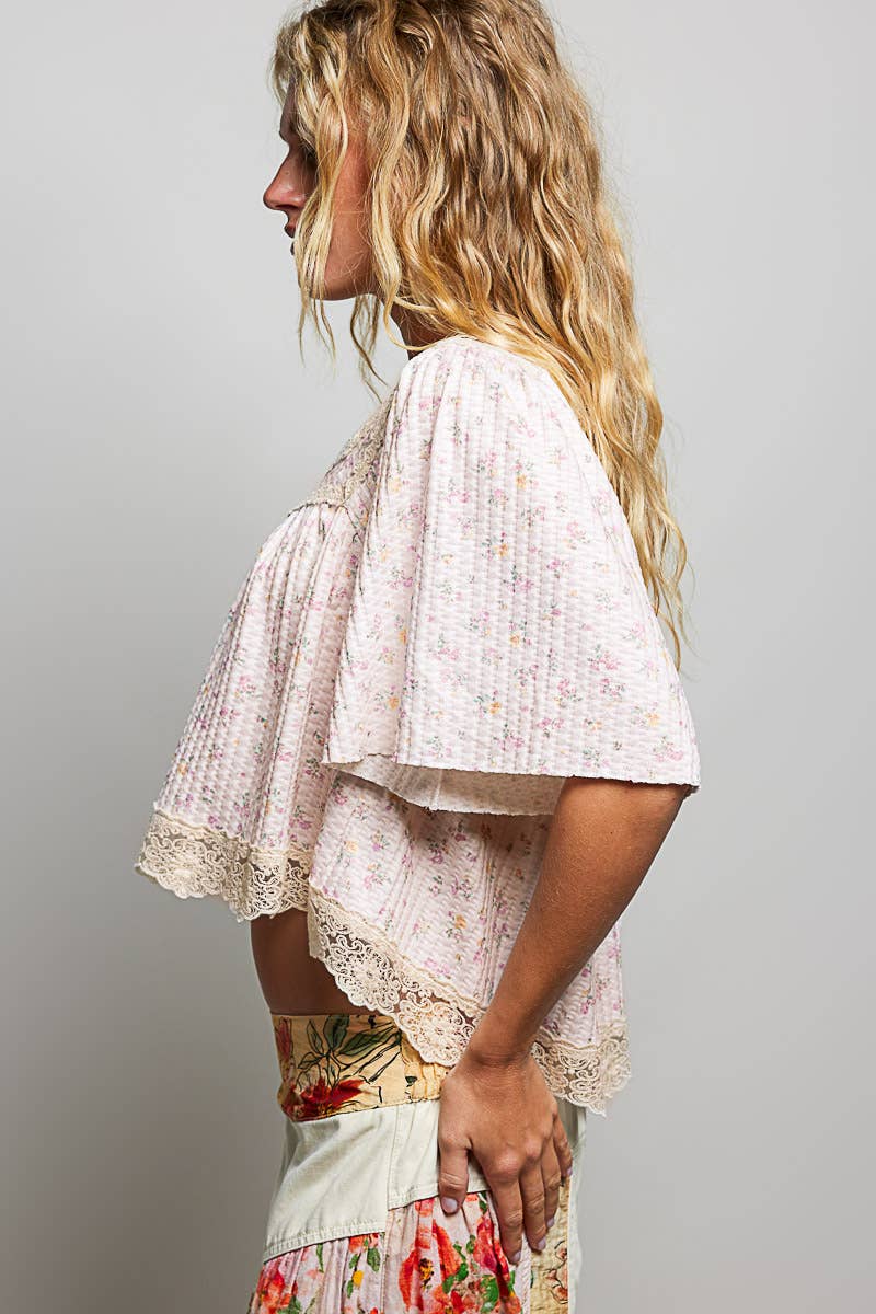 Floral Printed Lace Soft Knit Top