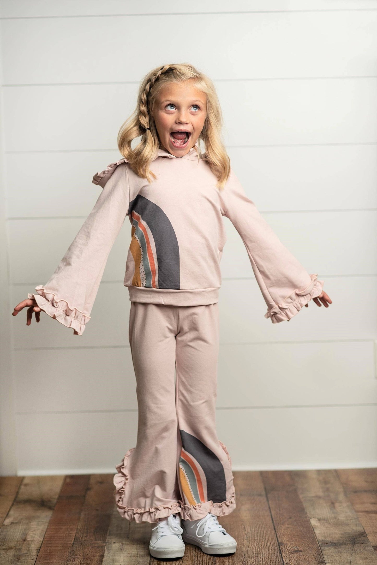 Girls Blush Pink Rainbow Hooded Sweatsuit Lounge Set