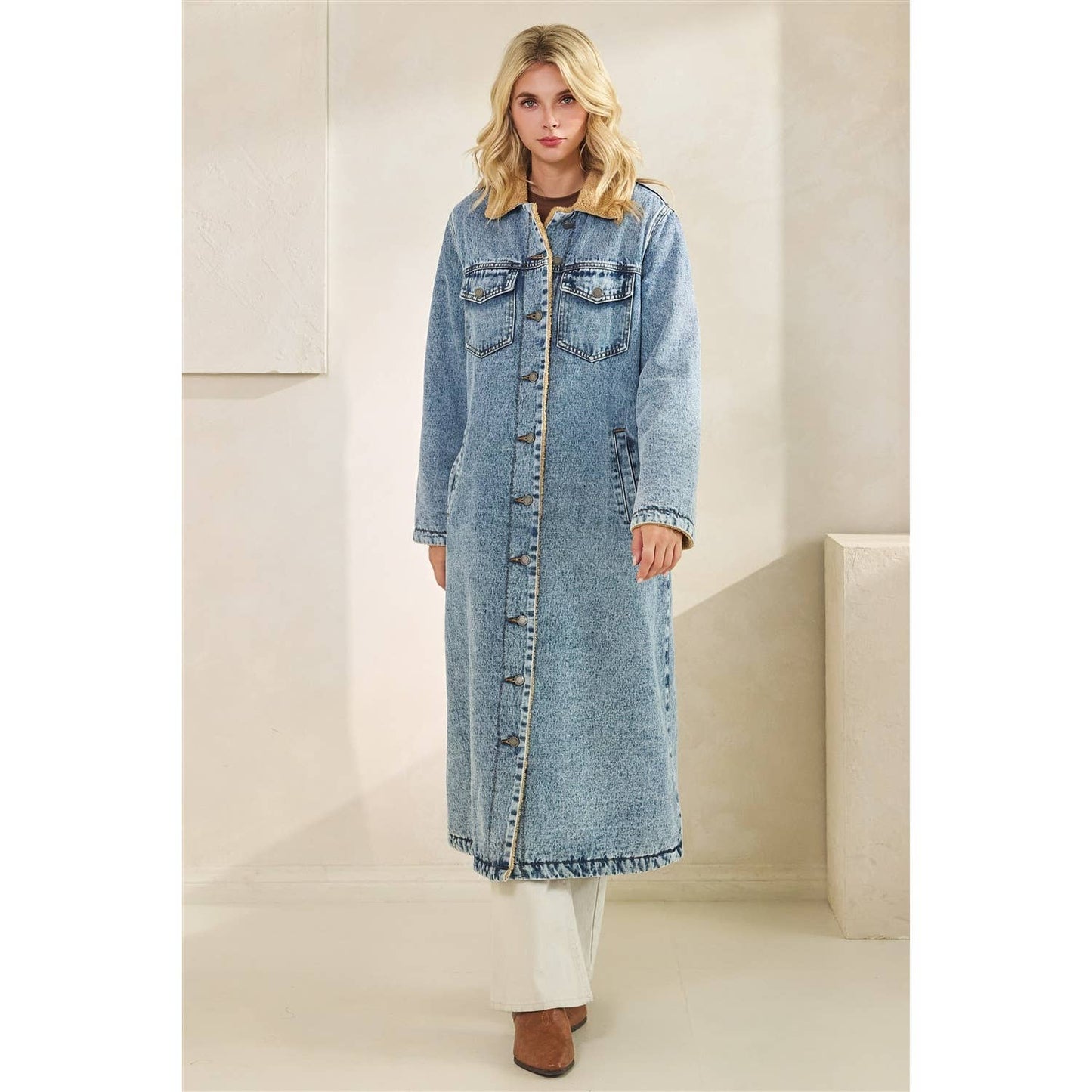 Teddy Lined Long Denim Jacket
