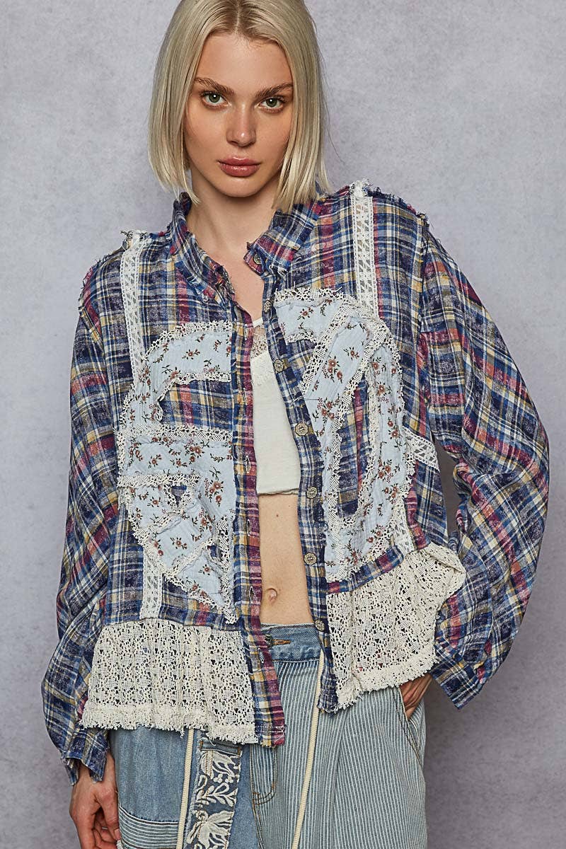 Plaid Pattern Peace Patch Shirt