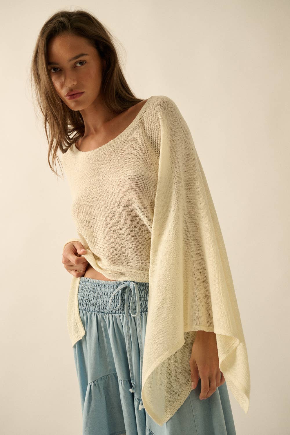 Sheer Lightweight Knit Cropped Poncho Sweater
