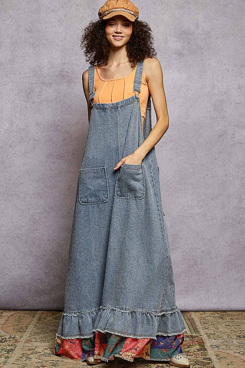 Textured Denim Contrast Ruffle Woven Overalls
