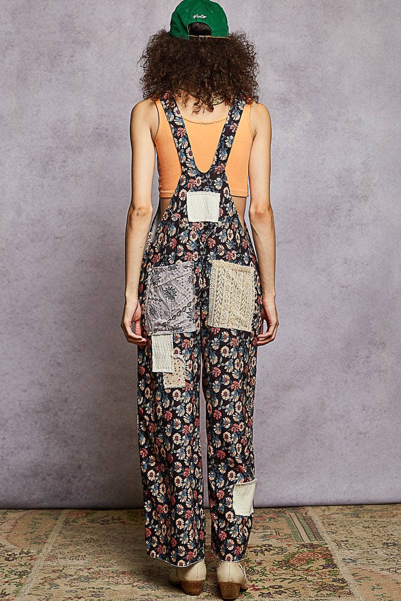 Black Multi Floral Corduroy Overalls