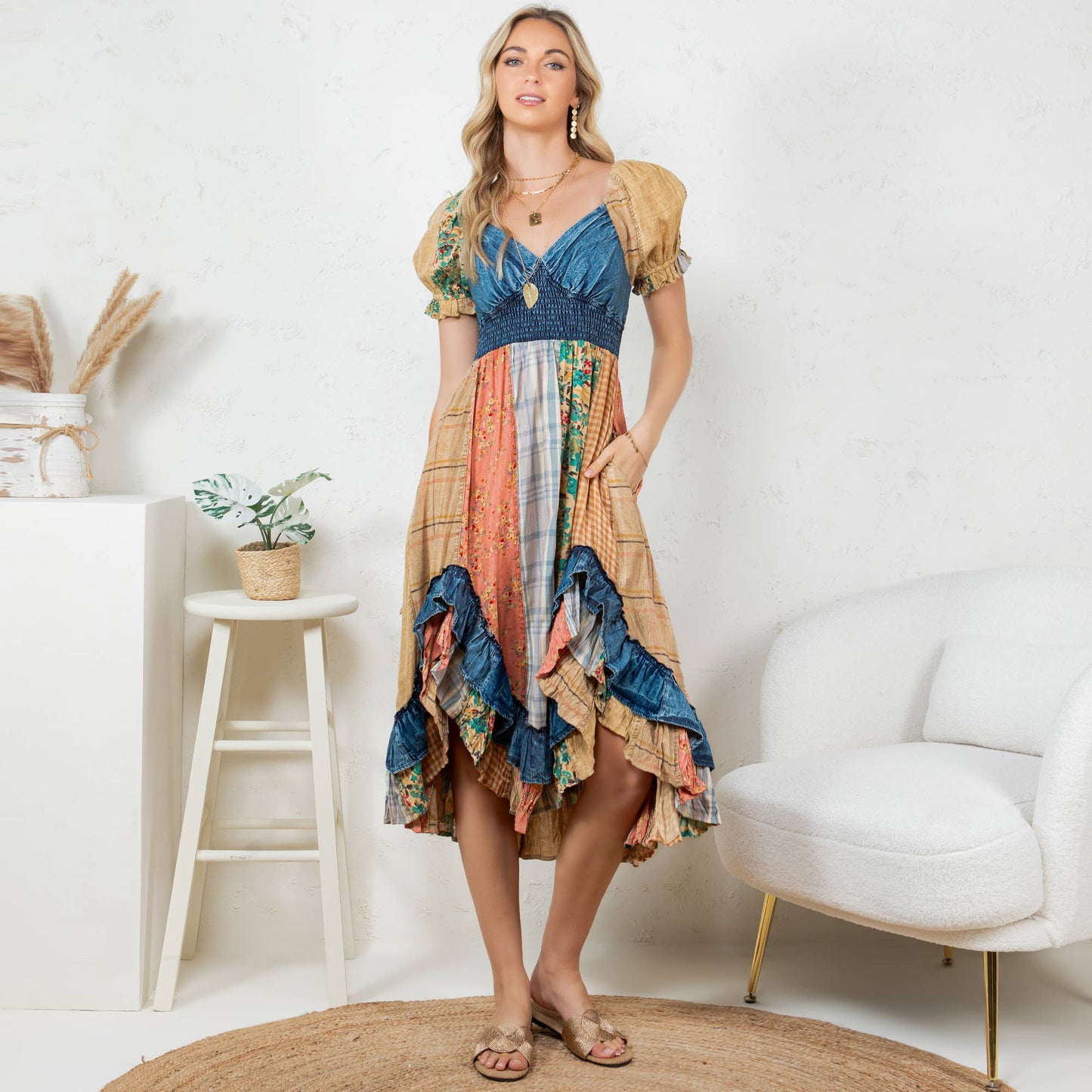 Ruffled Asym Hem Midi Dress with Denim Inserts