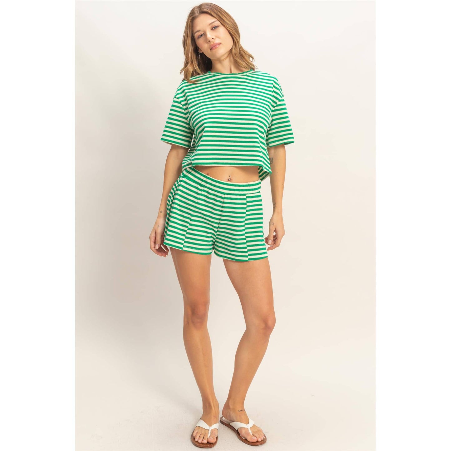 Green Striped Crew Neck Short Set