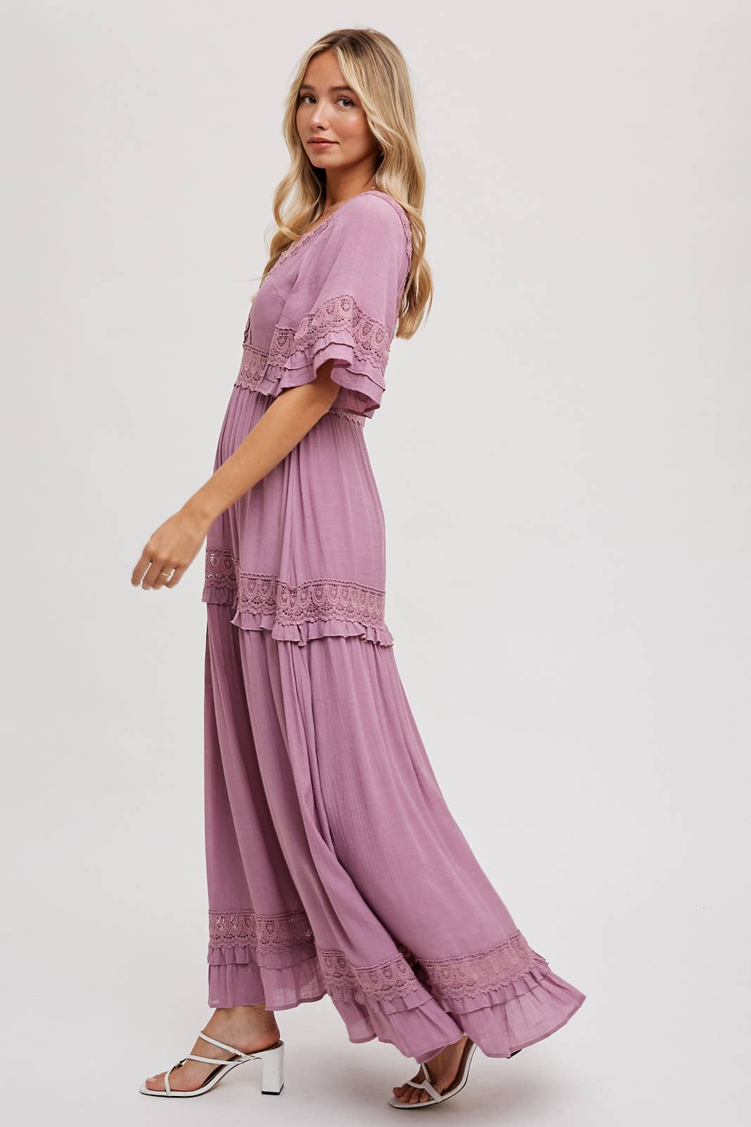 V-NECK LACE TRIM MAXI DRESS