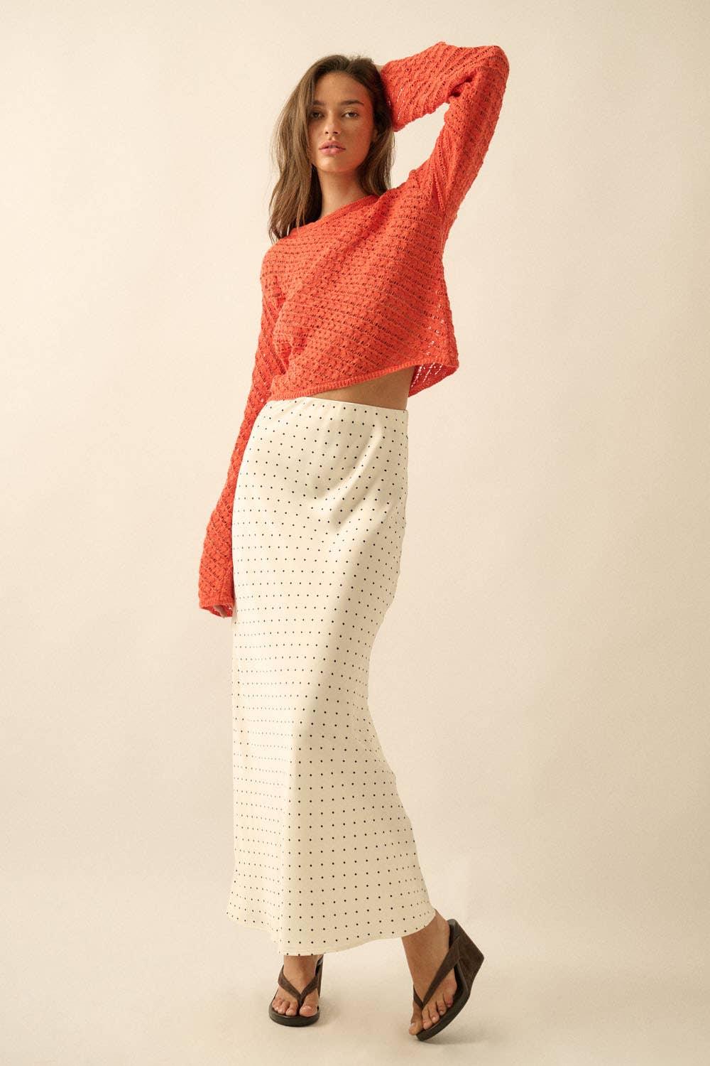 Crochet-Knit Bell-Sleeve Cropped Sweater