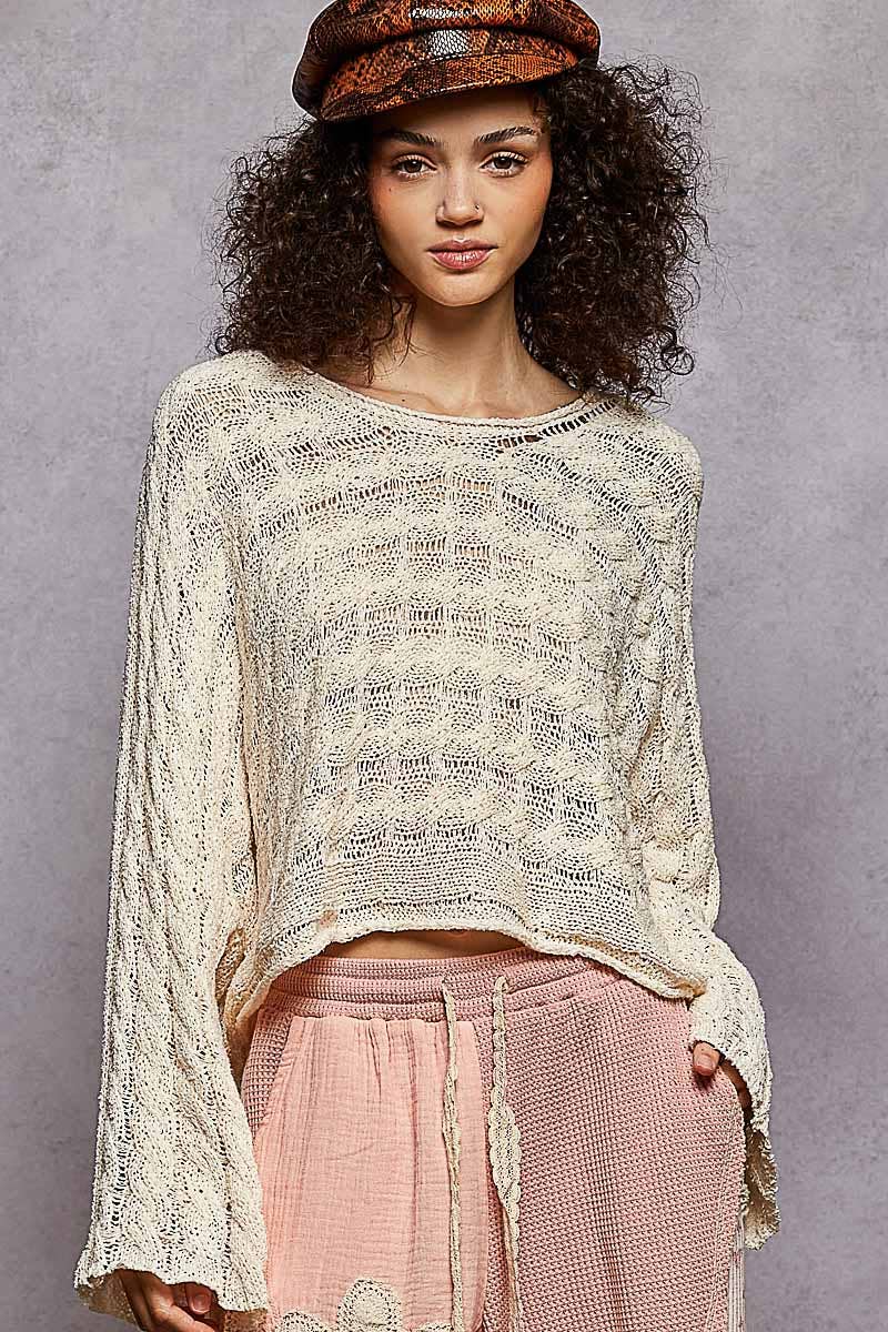 Cropped Long Sleeve Twisted Cable Solid Top