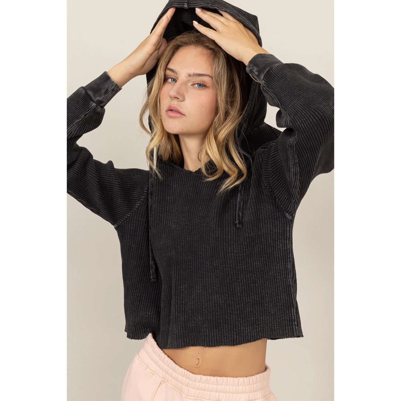 Cropped Ribbed Knit Hoodie