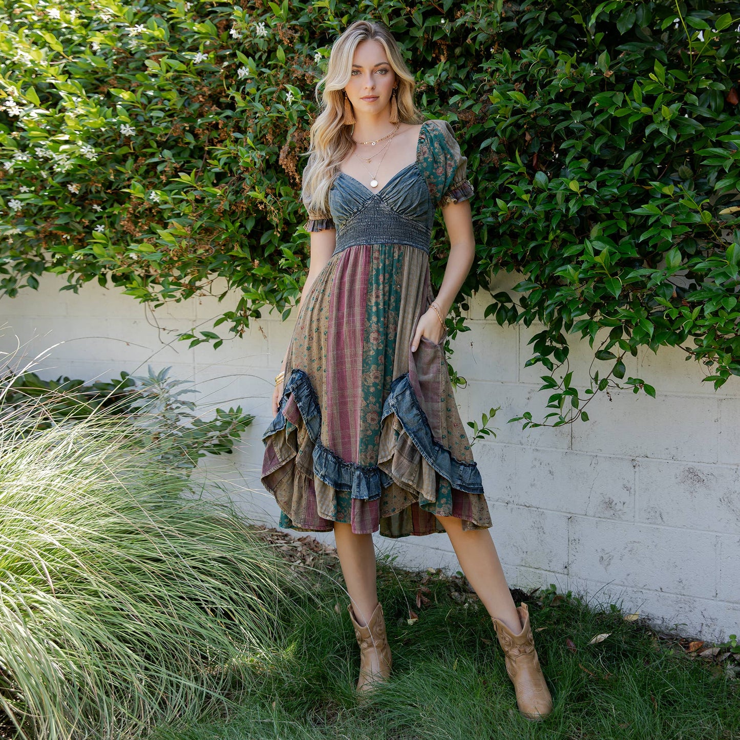 Ruffled Asym Hem Midi Dress with Denim Inserts