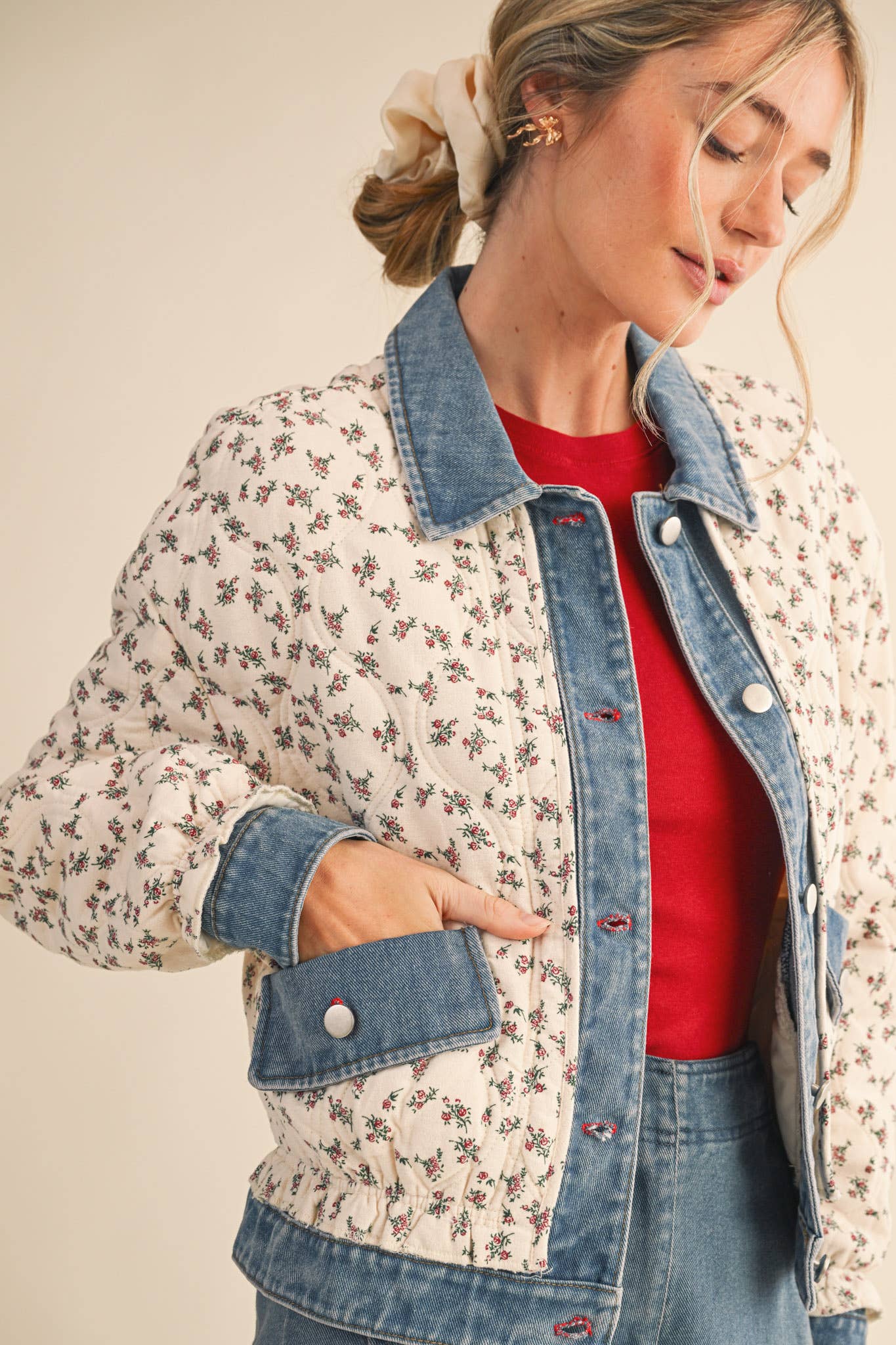 Floral Quilted Jacket With Denim Contrast