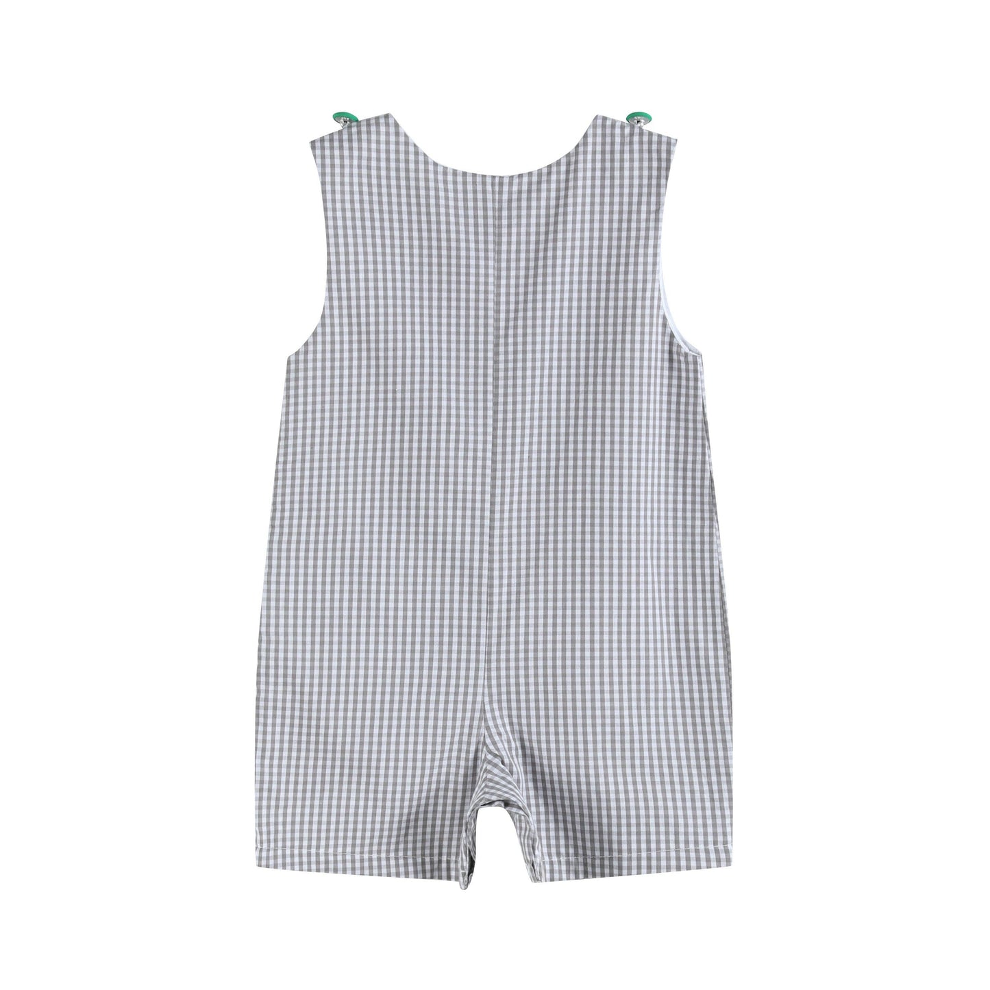 Gray Gingham Green Tractor Applique Shortalls