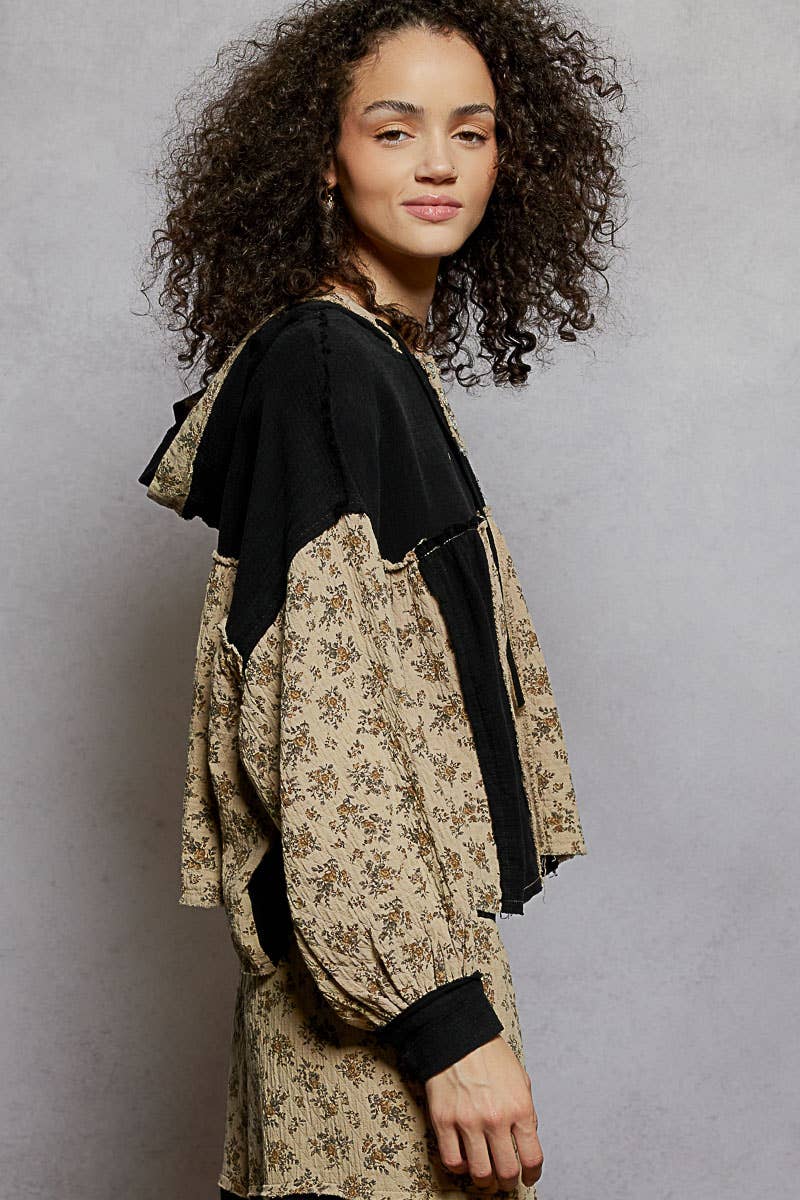 Vintage Washing Double Gauze Floral Printed Hoodie Top