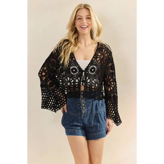 Crochet Bell Sleeve Top with Tie Front