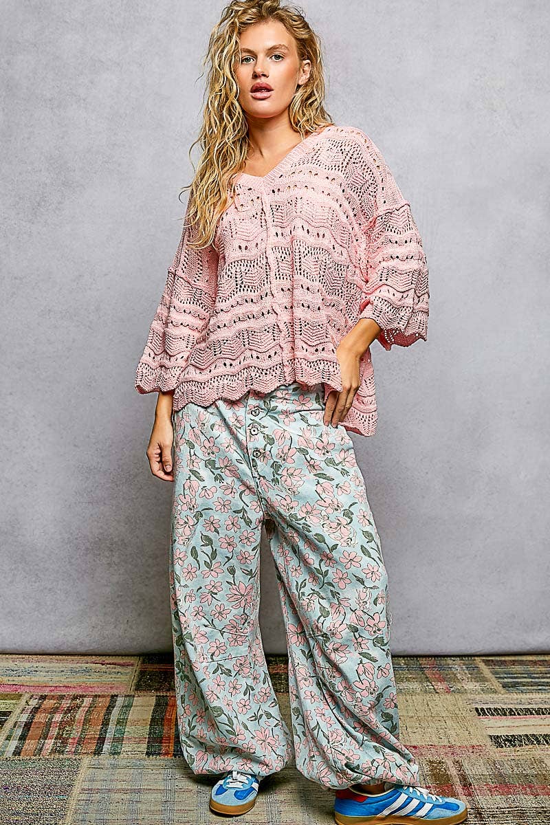 Open Knit V-Neck Oversized Short Sleeve Sweater