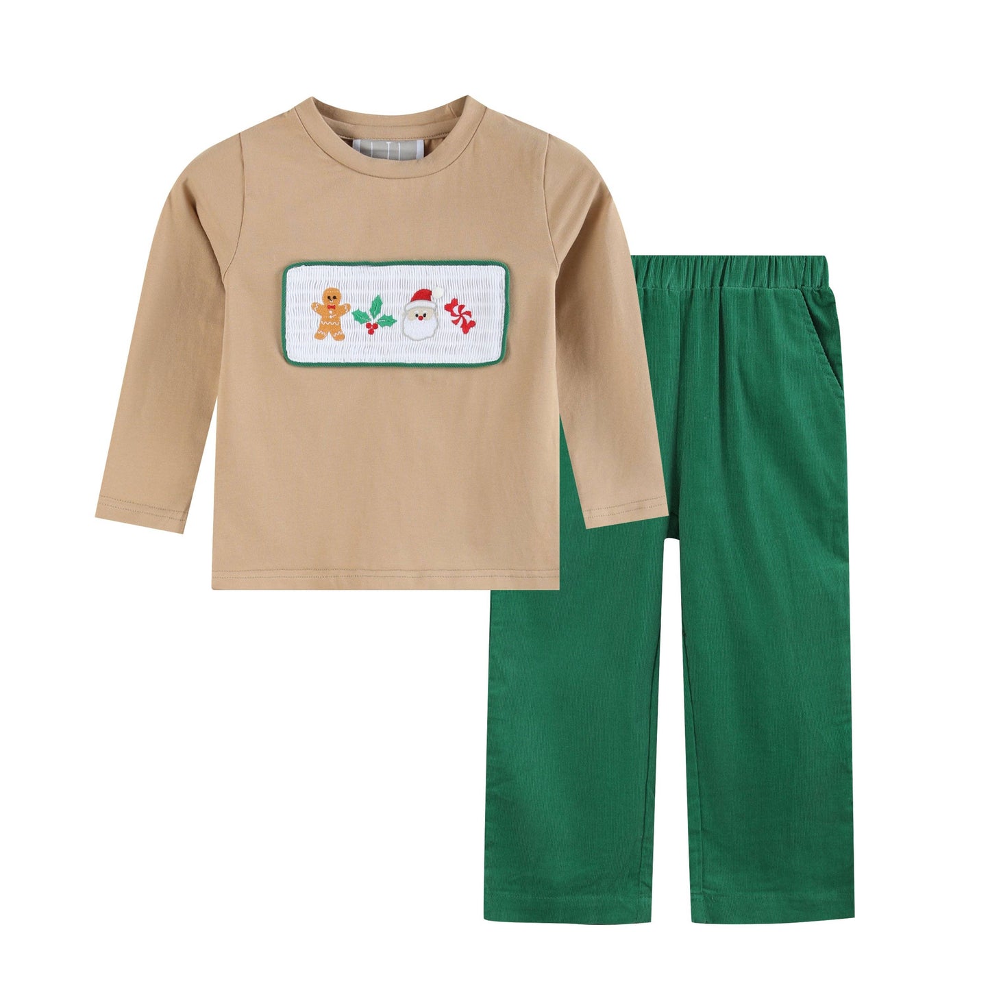 Light Brown Christmas Smocked Shirt and Green Corduroy Pants