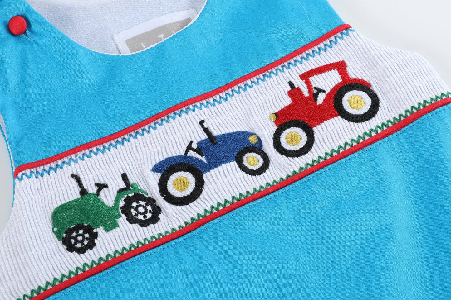 Blue Tractor Smocked Shortalls