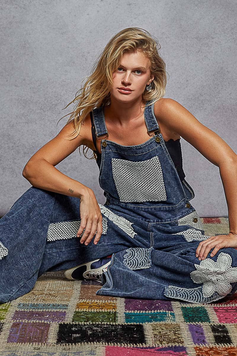 Indigo Denim Crochet Patch Overalls