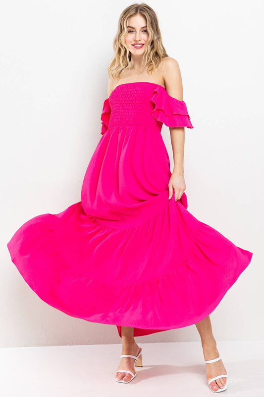 Pink Flared Sleeve Long Tiered Dress