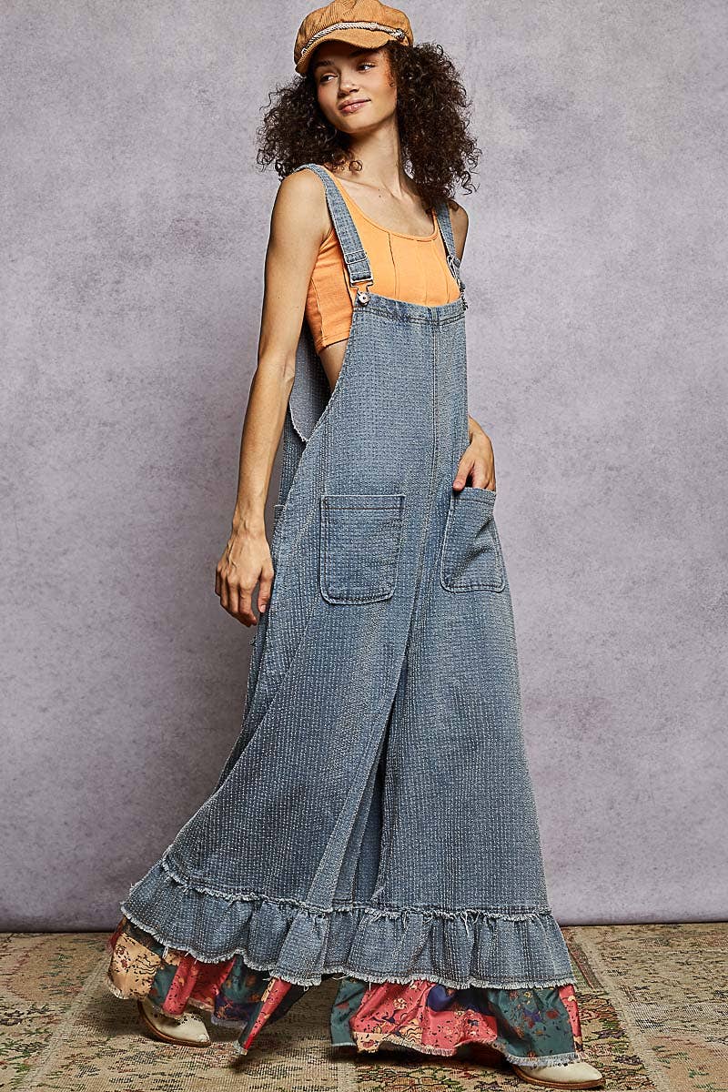 Textured Denim Contrast Ruffle Woven Overalls