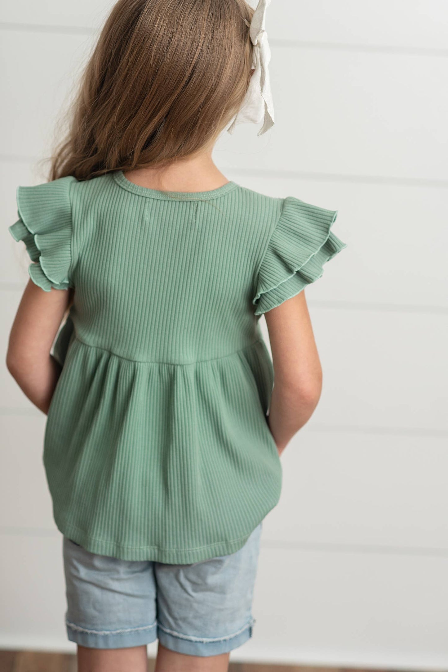 Kids Sea Green Double Ruffle Flutter Sleeve Spring Shirt