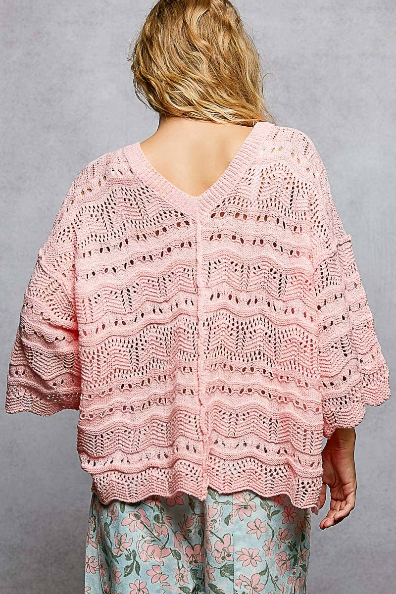 Open Knit V-Neck Oversized Short Sleeve Sweater