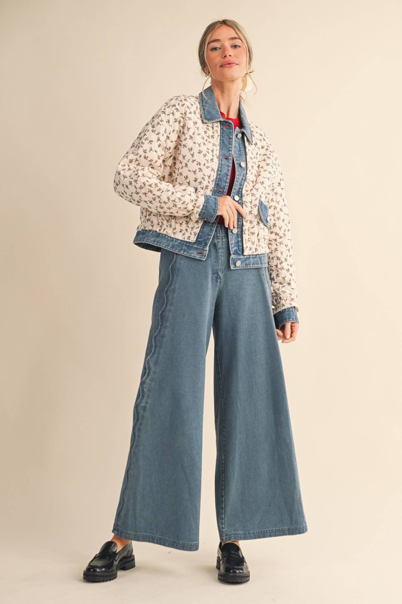 Floral Quilted Jacket With Denim Contrast